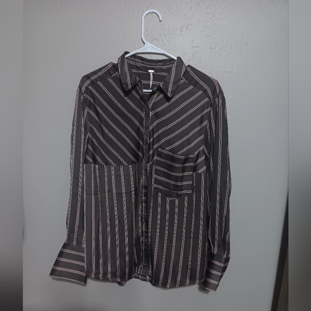 Free People Black and Pink Casual Button Down Shirt